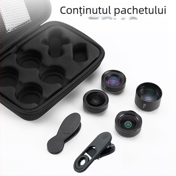 JOVOCN JV-A04 PRO Kit de obiective pentru telefon, patru în unu: unghi larg, macro, teleobiectiv, fisheye — corp din aliaj de aluminiu, sticlă optică