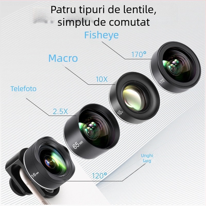 JOVOCN JV-A04 PRO Kit de obiective pentru telefon, patru în unu: unghi larg, macro, teleobiectiv, fisheye — corp din aliaj de aluminiu, sticlă optică