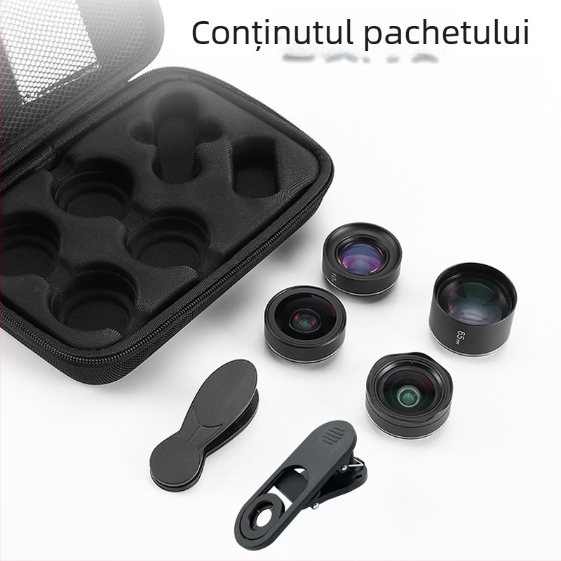 JOVOCN JV-A04 PRO Kit de obiective pentru telefon, patru în unu: unghi larg, macro, teleobiectiv, fisheye — corp din aliaj de aluminiu, sticlă optică