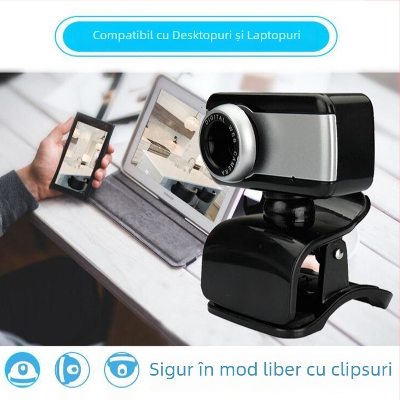 A3 webcam HD USB clip-on: senzor 8MP, rezoluție 1024x768 la 30FPS, USB 2.0, plug-and-play, fără driver