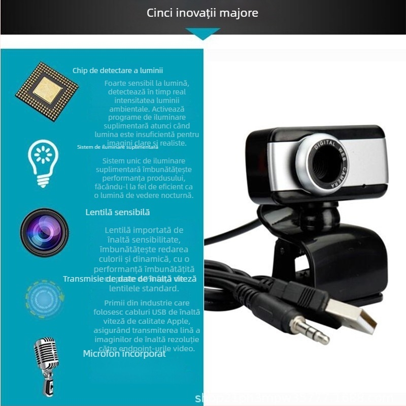 A3 webcam HD USB clip-on: senzor 8MP, rezoluție 1024x768 la 30FPS, USB 2.0, plug-and-play, fără driver