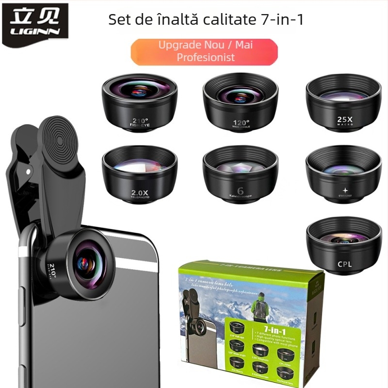 Rikimae L-717 Set lentile pentru telefon, șapte în unu — fisheye, unghi larg, teleconverter, pentru majoritatea telefoanelor