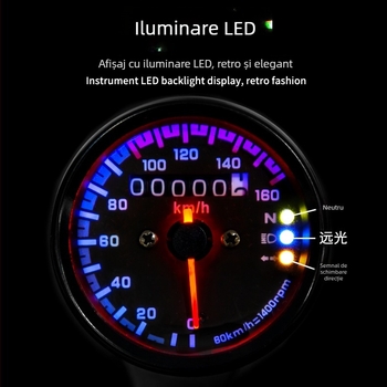 Tachometru electronic cu indicatoare LED, model cu trei lumini, interval 0-160 km, alimentare 12V.