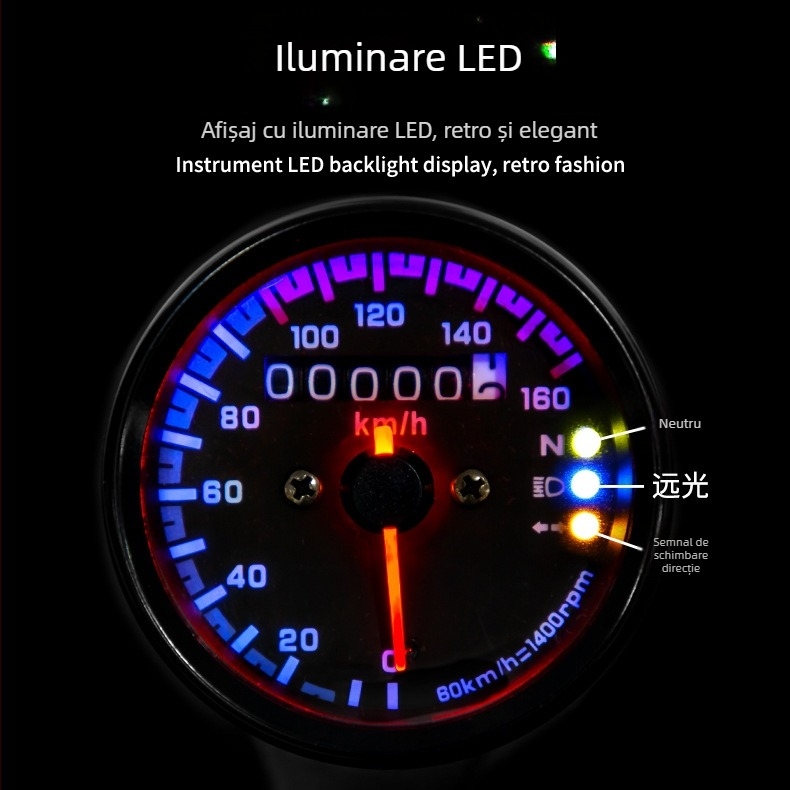 Tachometru electronic cu indicatoare LED, model cu trei lumini, interval 0-160 km, alimentare 12V.