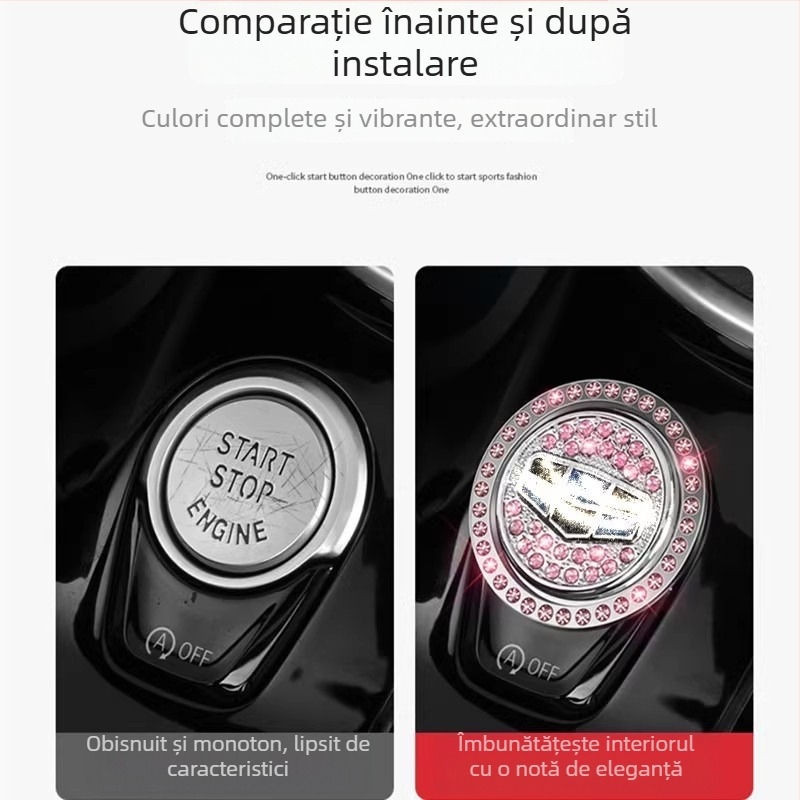 Buton de pornire auto cu un singur clic – plachetă decorativă și capac de protecție pentru întrerupătorul de aprindere, cu inel cu diamante pentru interior