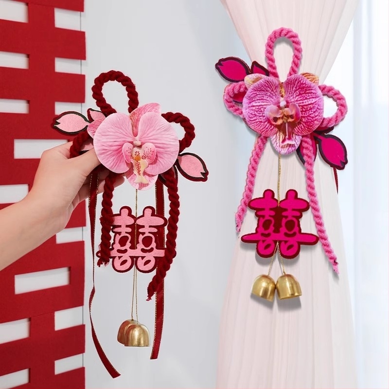 Xiaolu – Decor textil pentru camera de nuntă: perdele, ghirlande, pandantiv cu Dublă Fericire, accesorii de nuntă