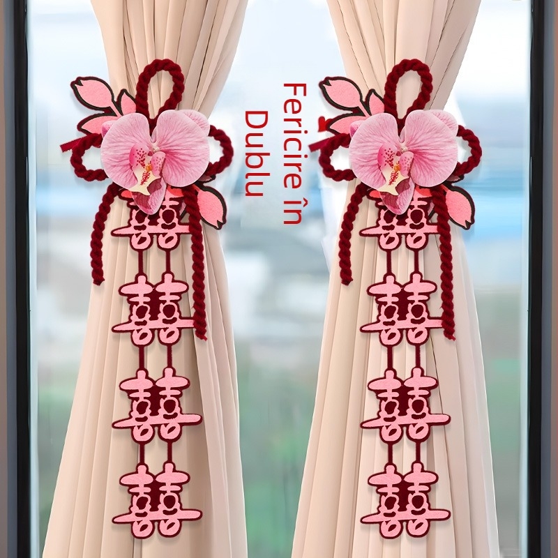 Xiaolu – Decor textil pentru camera de nuntă: perdele, ghirlande, pandantiv cu Dublă Fericire, accesorii de nuntă