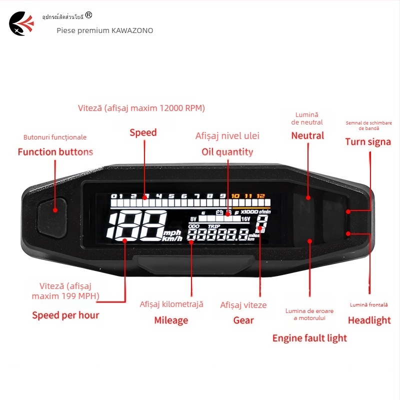 KAWAZONO Lcd instrument pentru motocicletă, model Lcd instrument, 12V universal, construcție din Fier și plastic, 200 g
