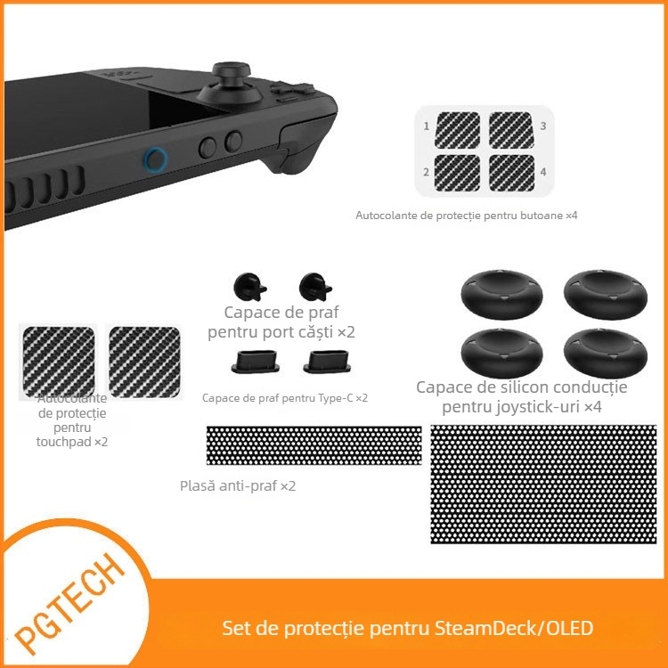 Kit de Protecție SteamDeck OLED: dopuri de praf, etichete pentru butoane/touchpad, capace din silicon pentru joystick (Compatibilitate: SteamDeck OLED/SteamDeck; Tip: set de protecție împotriva prafului; Greutate: 27 g; Versiune: Simplă)
