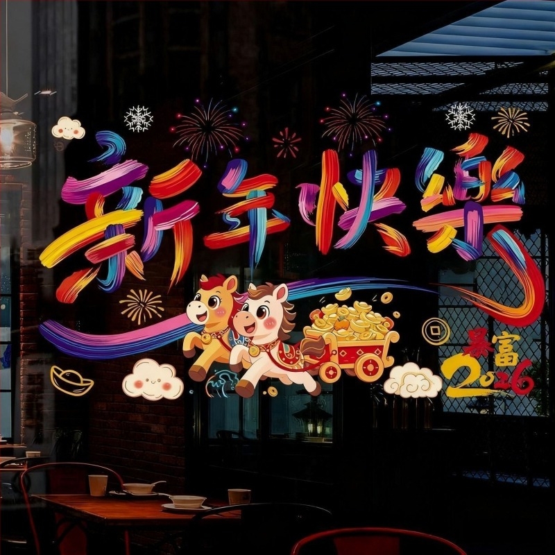 Autocolant static pentru geam, decor magazin pentru Anul Calului 2026, cod produs jdt, material film static, ambalare în pungă OPP.