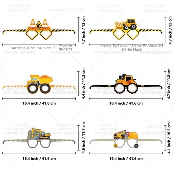 Set de accesorii foto pentru petrecere cu tema Vehicule de construcții – ochelari de hârtie, stil desen animat, pentru ziua de naștere (excavator și macara)
