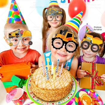 Set de accesorii foto pentru petrecere cu tema Vehicule de construcții – ochelari de hârtie, stil desen animat, pentru ziua de naștere (excavator și macara)