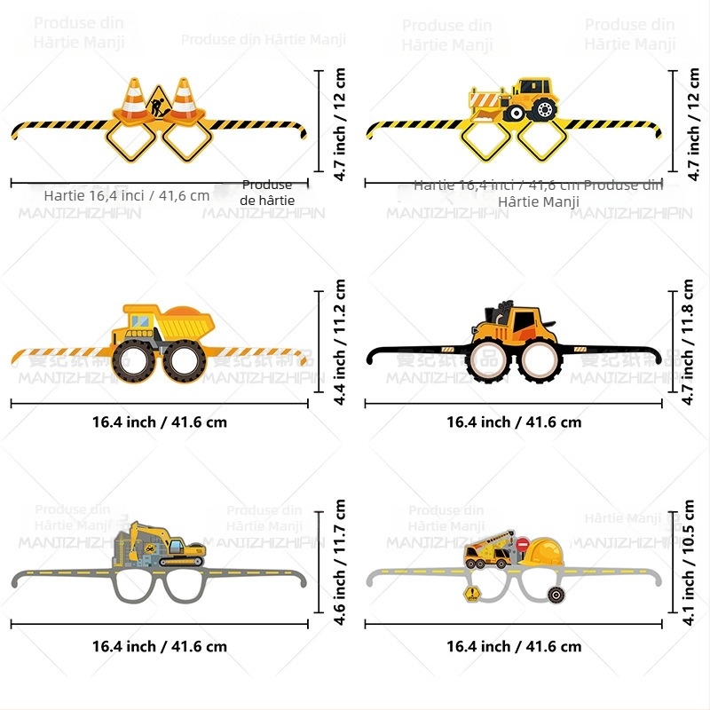 Set de accesorii foto pentru petrecere cu tema Vehicule de construcții – ochelari de hârtie, stil desen animat, pentru ziua de naștere (excavator și macara)