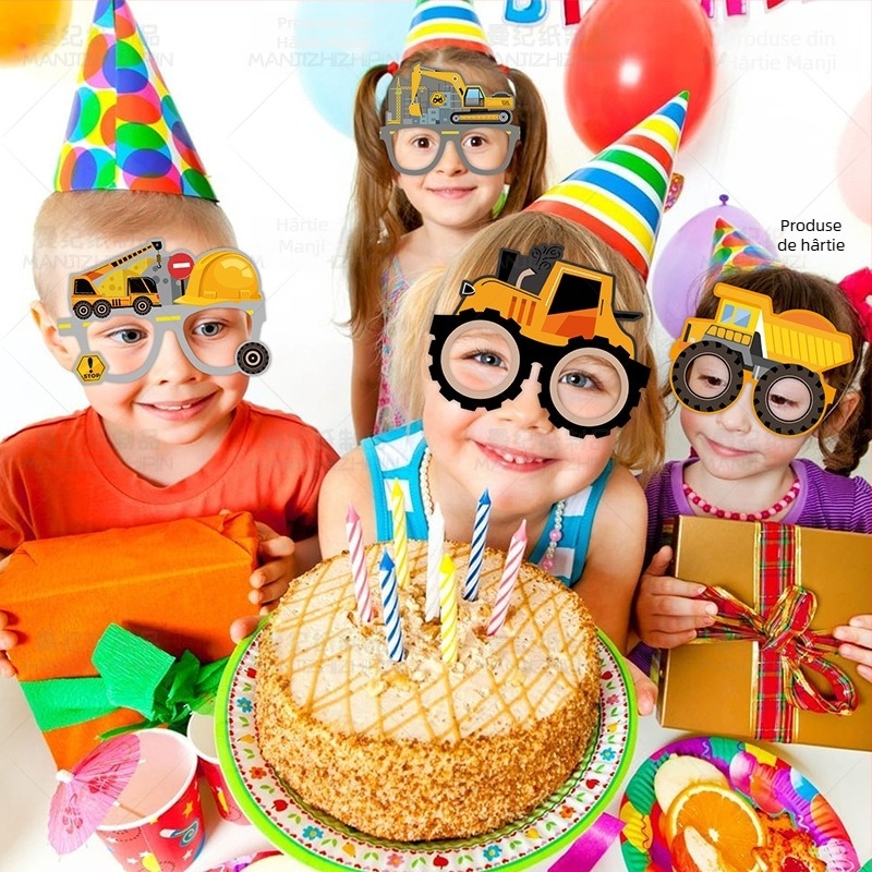 Set de accesorii foto pentru petrecere cu tema Vehicule de construcții – ochelari de hârtie, stil desen animat, pentru ziua de naștere (excavator și macara)