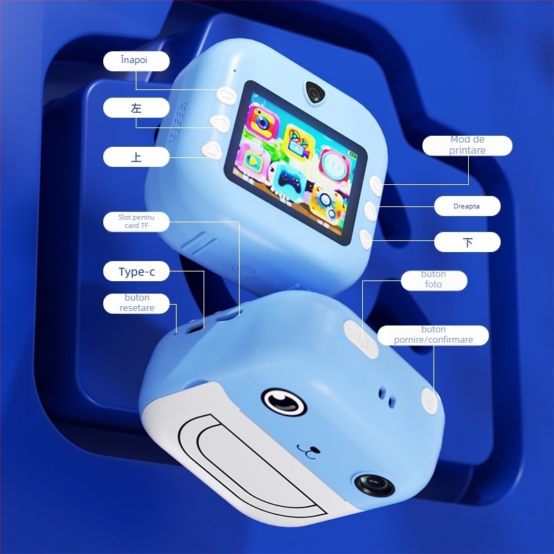 Cameră pentru copii cu imprimare coloră și conectivitate la telefon (Model Z269; 4.8 MP; Stocare TF card; Carcasă ABS; 6 ore baterie)