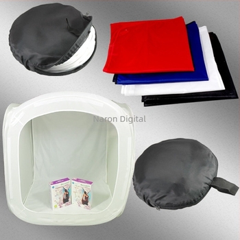 Studio foto compact cu lumină difuză, cort circular, material taftă poliester, fundal flok