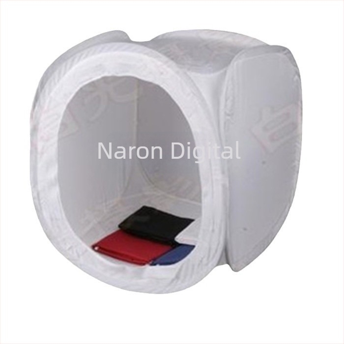 Studio foto compact cu lumină difuză, cort circular, material taftă poliester, fundal flok