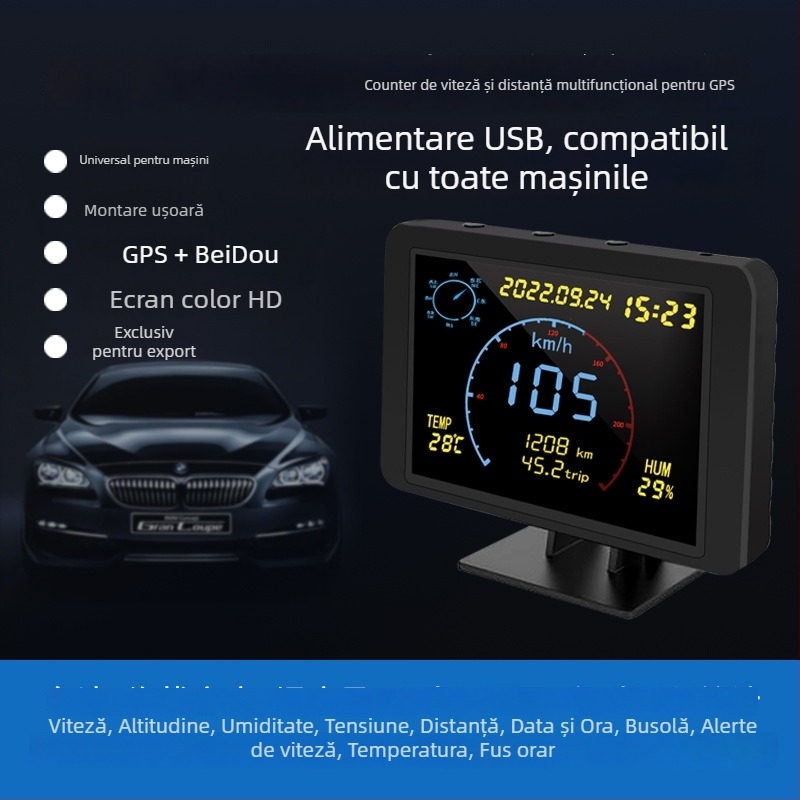 Wollip W01 GPS Beidou Monitor Viteza și Kilometraj, pentru toate modelele, de uz general, alimentare USB, HUD multi-funcțional