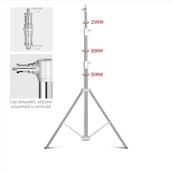Stativ pentru lumina foto din oțel inoxidabil, 3 secțiuni, diametru 25-30-35 mm, sarcină 10 kg, greutate 2,2 kg.