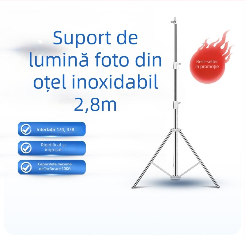 Stativ pentru lumina foto din oțel inoxidabil, 3 secțiuni, diametru 25-30-35 mm, sarcină 10 kg, greutate 2,2 kg.