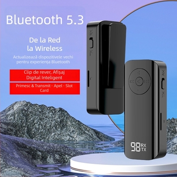 Transceiver audio Bluetooth 5.3 cu afișaj digital - adaptor Lavalier, AUX 3.5mm, Plug-and-Play, fără alimentare externă, rază 10m, 100 Mbps