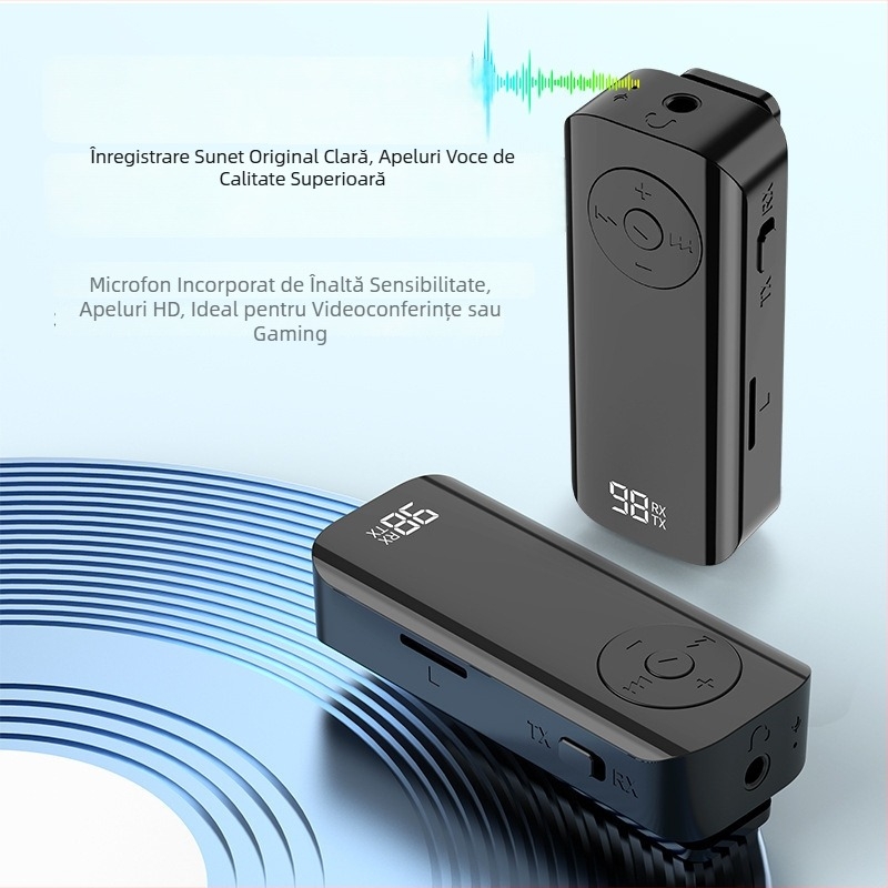 Transceiver audio Bluetooth 5.3 cu afișaj digital - adaptor Lavalier, AUX 3.5mm, Plug-and-Play, fără alimentare externă, rază 10m, 100 Mbps