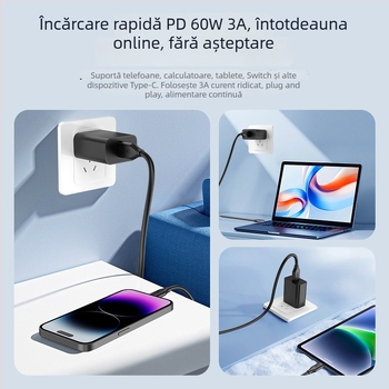 Cablu USB-A la USB-C, USB 3.2, 10Gbps, PD 60W Încărcare rapidă, Conductor din cupru, pentru telefoane, laptopuri și tablete