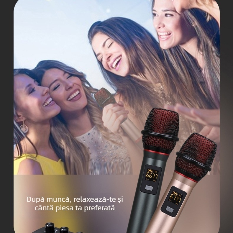 Set de microfoane karaoke, model A8, carcasă din aliaj de aluminiu, baterie încorporată 800–1000 mAh, răspuns în frecvență 100 Hz–20 kHz, SNR ≥ 75 dB
