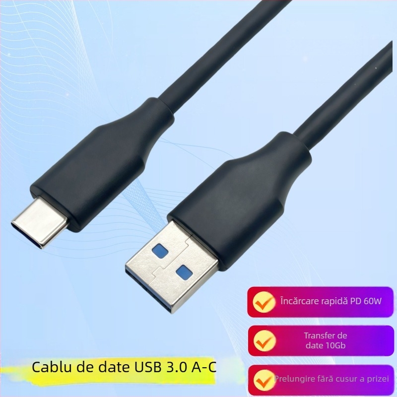 Cablu USB-A la USB-C 3.0, 0,3 m, ecranat, pentru dispozitive mobile și hard diskuri externe, până la 60W (3A/20V)