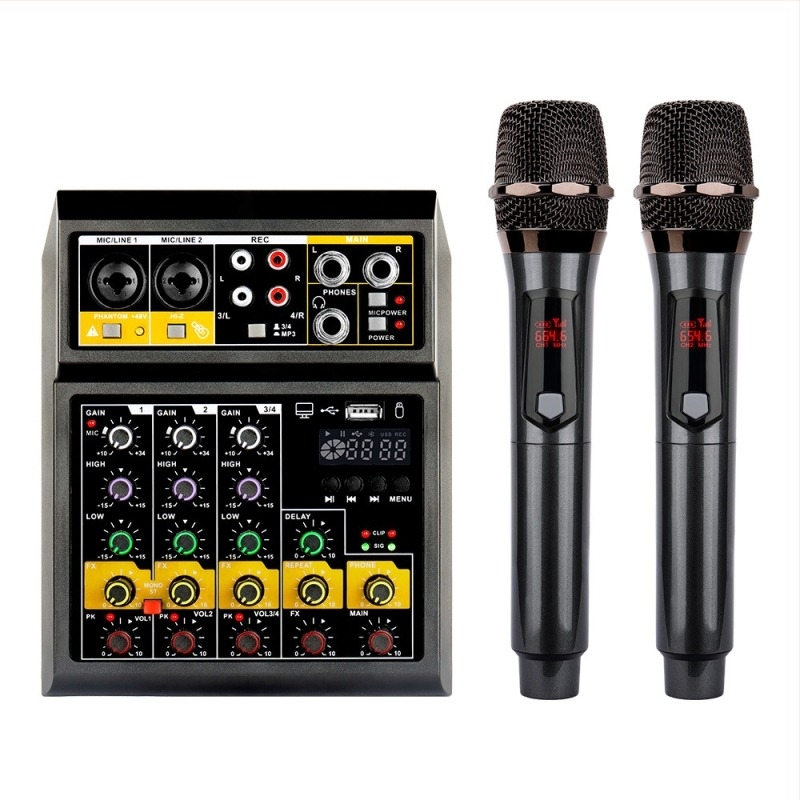 Mixer wireless cu efecte, 4 canale, pentru înregistrări de trupă și spectacole live, suport pentru 1–2 microfoane