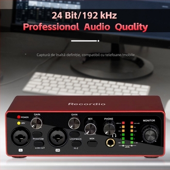 Interfață audio USB cu două canale, fără driver, pentru înregistrări pe calculator și producție muzicală – model GAX-MB22, răspuns în frecvență 20 Hz-20 kHz, SNR ≥70 dB