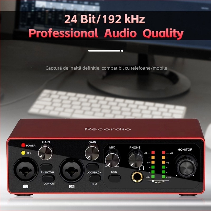 Interfață audio USB cu două canale, fără driver, pentru înregistrări pe calculator și producție muzicală – model GAX-MB22, răspuns în frecvență 20 Hz-20 kHz, SNR ≥70 dB