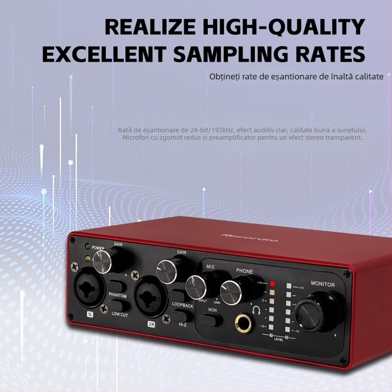 Interfață audio USB cu două canale, fără driver, pentru înregistrări pe calculator și producție muzicală – model GAX-MB22, răspuns în frecvență 20 Hz-20 kHz, SNR ≥70 dB