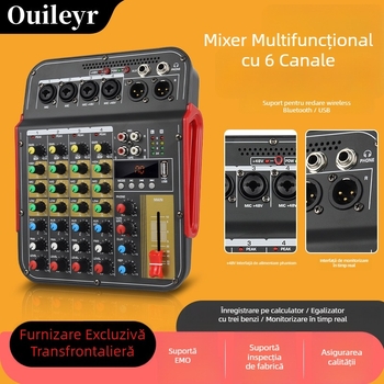 Ouileyr mixer de sunet cu 6 canale pentru streaming live, înregistrări ale trupei și spectacole cu USB, MP3 și Bluetooth