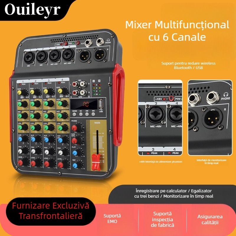 Ouileyr mixer de sunet cu 6 canale pentru streaming live, înregistrări ale trupei și spectacole cu USB, MP3 și Bluetooth