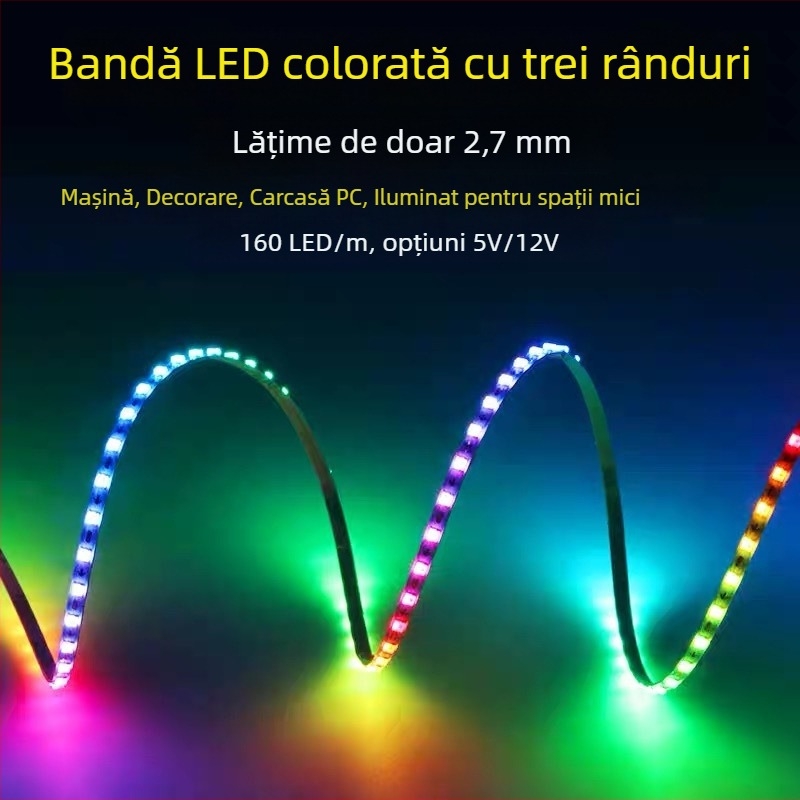 Bandă LED RGB Phantom pentru mașină, 160 LED-uri, 0807, 5V, IC integrat, control de la distanță