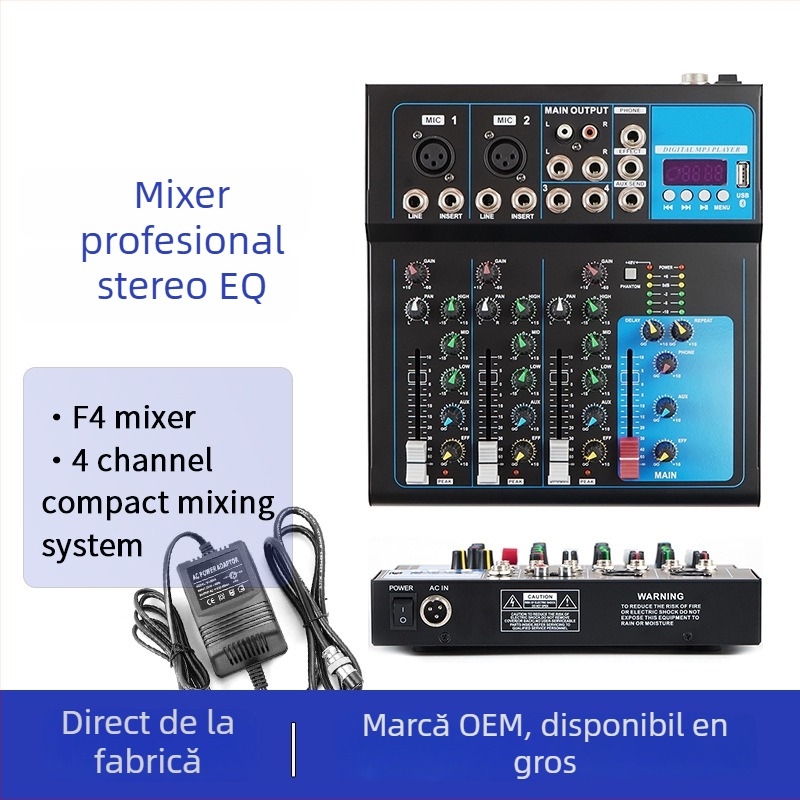 F4 mixer audio live, 4 canale, efecte și tuner, USB și alte interfețe, 20W