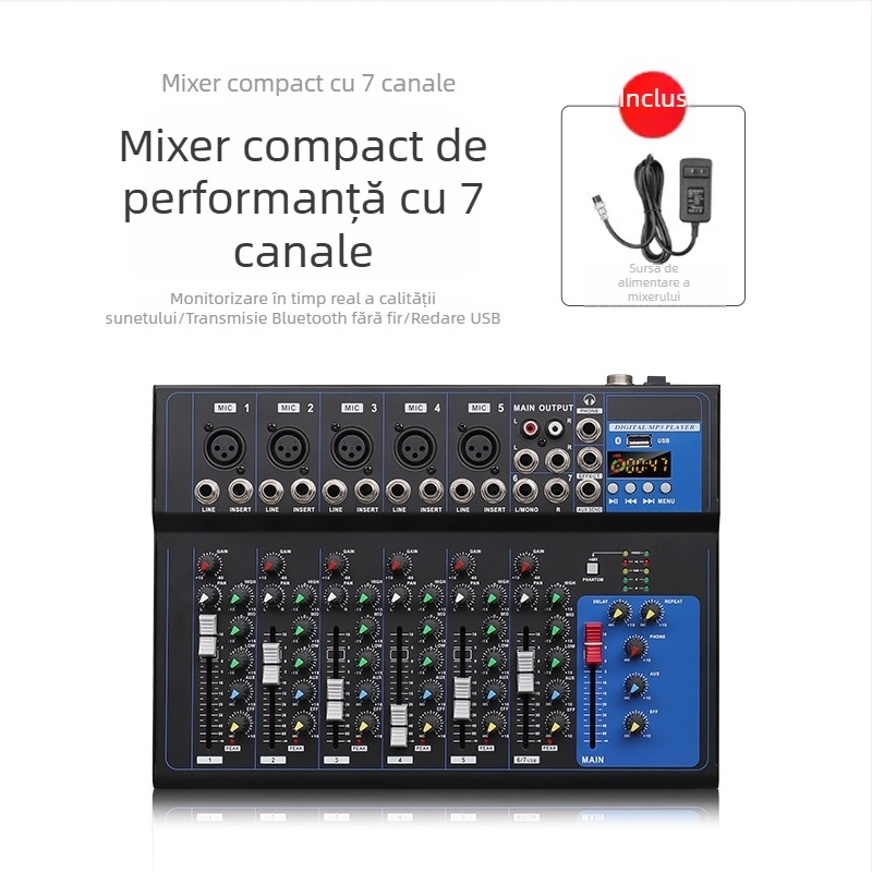 Consolă de mixaj 7 canale, DJ mixer profesionist pentru scenă cu 4 canale (Brand INYUN, Putere 12, Model F4, Cod Produs F4-USB)