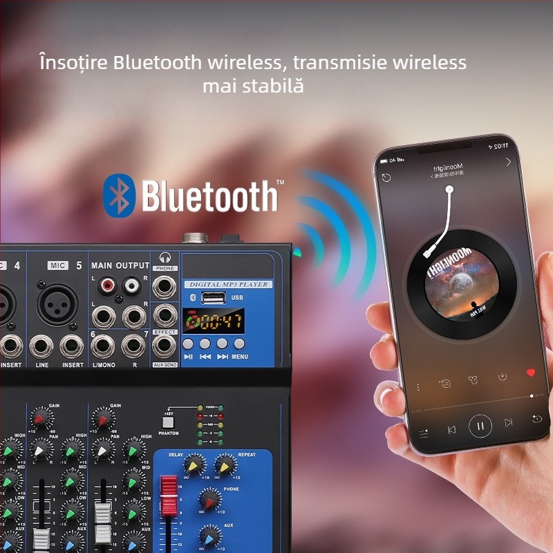 Consolă de mixaj 7 canale, DJ mixer profesionist pentru scenă cu 4 canale (Brand INYUN, Putere 12, Model F4, Cod Produs F4-USB)