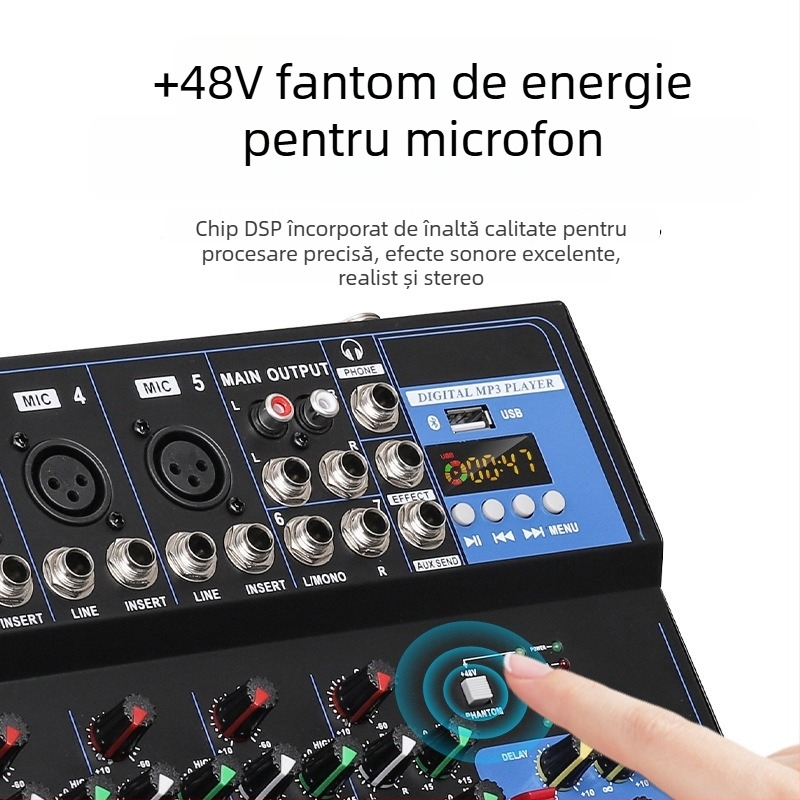 Consolă de mixaj 7 canale, DJ mixer profesionist pentru scenă cu 4 canale (Brand INYUN, Putere 12, Model F4, Cod Produs F4-USB)