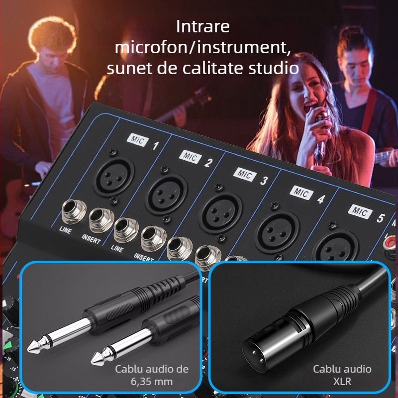 Consolă de mixaj 7 canale, DJ mixer profesionist pentru scenă cu 4 canale (Brand INYUN, Putere 12, Model F4, Cod Produs F4-USB)