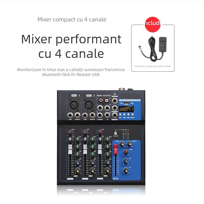 Consolă de mixaj 7 canale, DJ mixer profesionist pentru scenă cu 4 canale (Brand INYUN, Putere 12, Model F4, Cod Produs F4-USB)