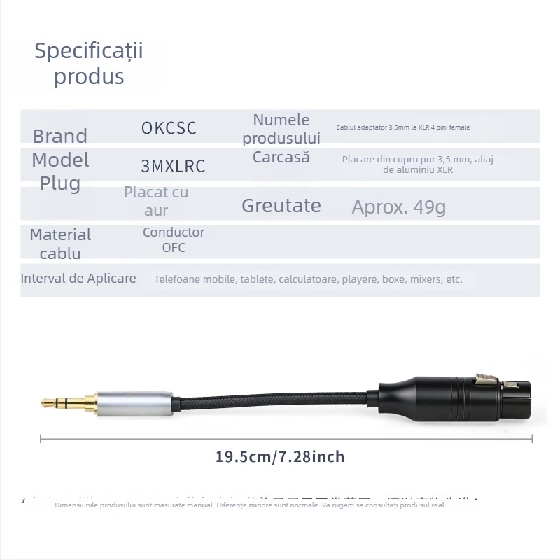 Cablu adaptor 3.5mm la XLR 4-pin, model 3MXLRC, nucleu din cupru, singur conector