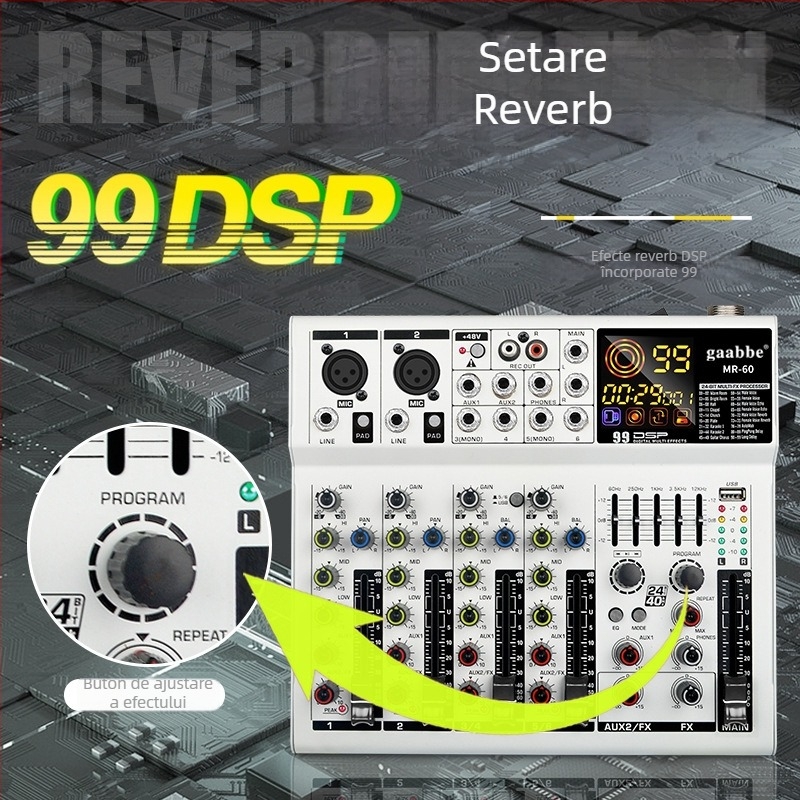 Gabby Electronics MR-60: mixer audio profesional 6/8 canale cu efecte, Bluetooth și USB | 50W