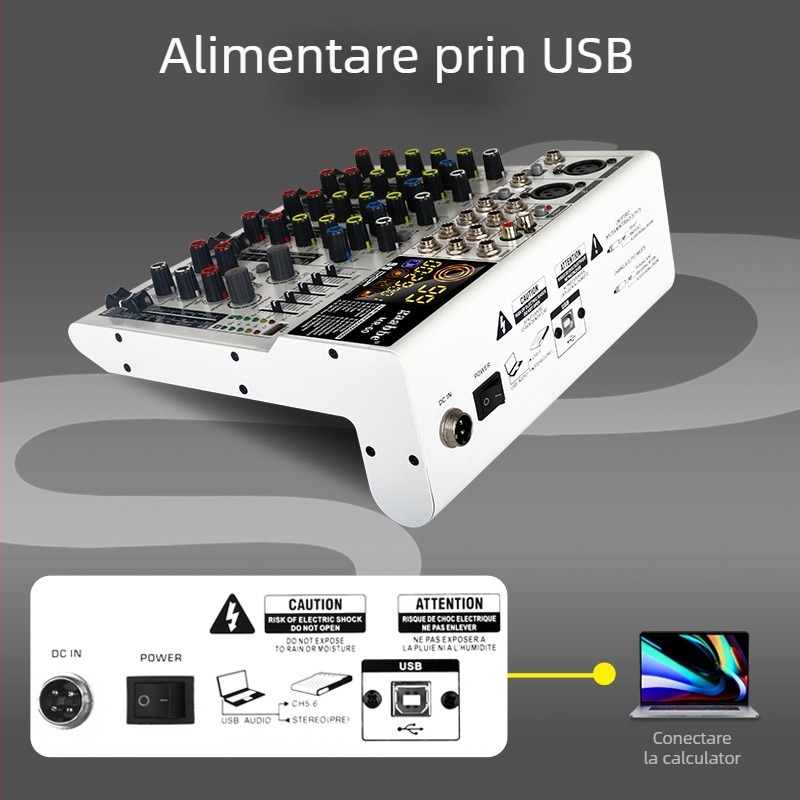 Gabby Electronics MR-60: mixer audio profesional 6/8 canale cu efecte, Bluetooth și USB | 50W