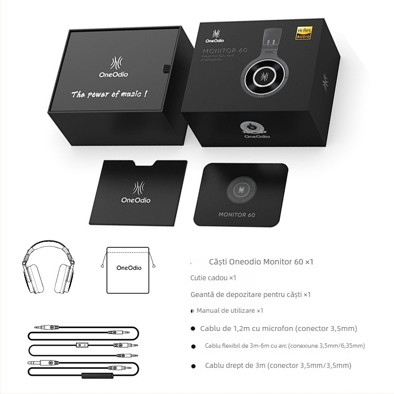 Căști de studio cu fir, microfon inclus, balans tri-frecvență, 20–20 kHz, 38 Ω, conector drept 3,5/6,5 mm