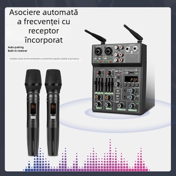 Mixer cu 4 canale, microfon wireless, interfață audio USB pentru calculator, înregistrare, setup compact pentru streaming live cu reverb Bluetooth