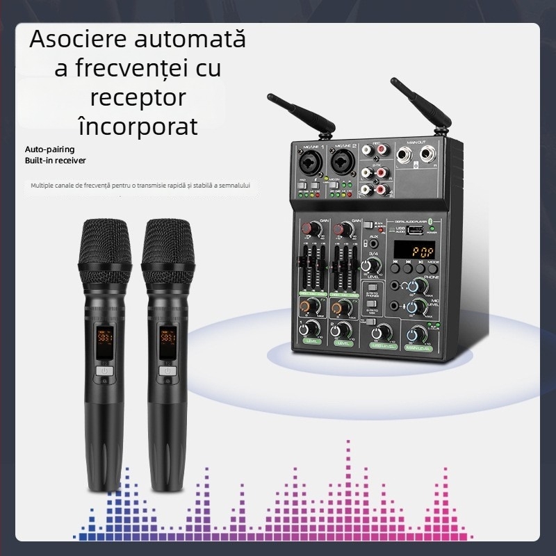 Mixer cu 4 canale, microfon wireless, interfață audio USB pentru calculator, înregistrare, setup compact pentru streaming live cu reverb Bluetooth
