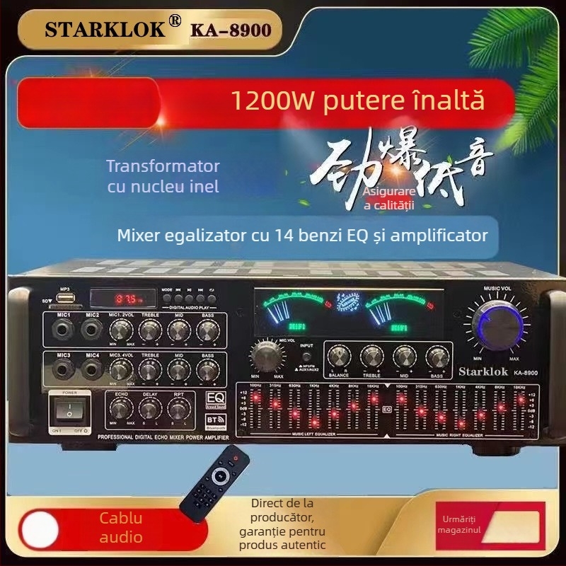 Starklok KA8900 Amplificator karaoke pentru casă cu patru canale și EQ în patru trepte, 1000W, 4–16 Ω, 20–20 kHz