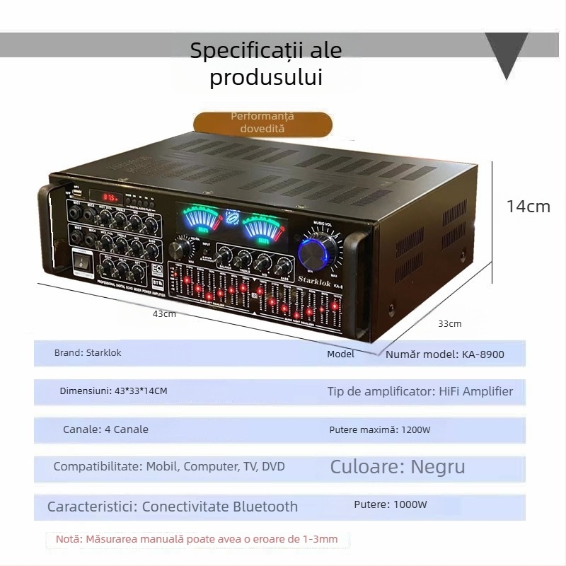 Starklok KA8900 Amplificator karaoke pentru casă cu patru canale și EQ în patru trepte, 1000W, 4–16 Ω, 20–20 kHz